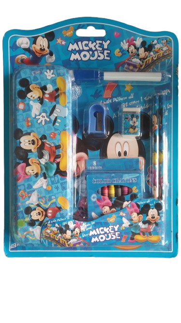 Mickey Mouse Combo Stationery Pack ( 8 Color Crayons + Sharpener + Eraser + Mickey Mouse Pencil Box + Practice Writing Board (with printed alphabets and numbers))